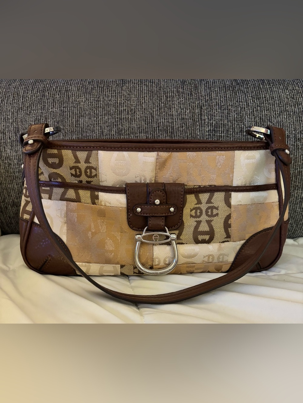 Etienne Aigner Signature Patchwork Shoulder Bag Brown & Tan Horseshoe Hardware